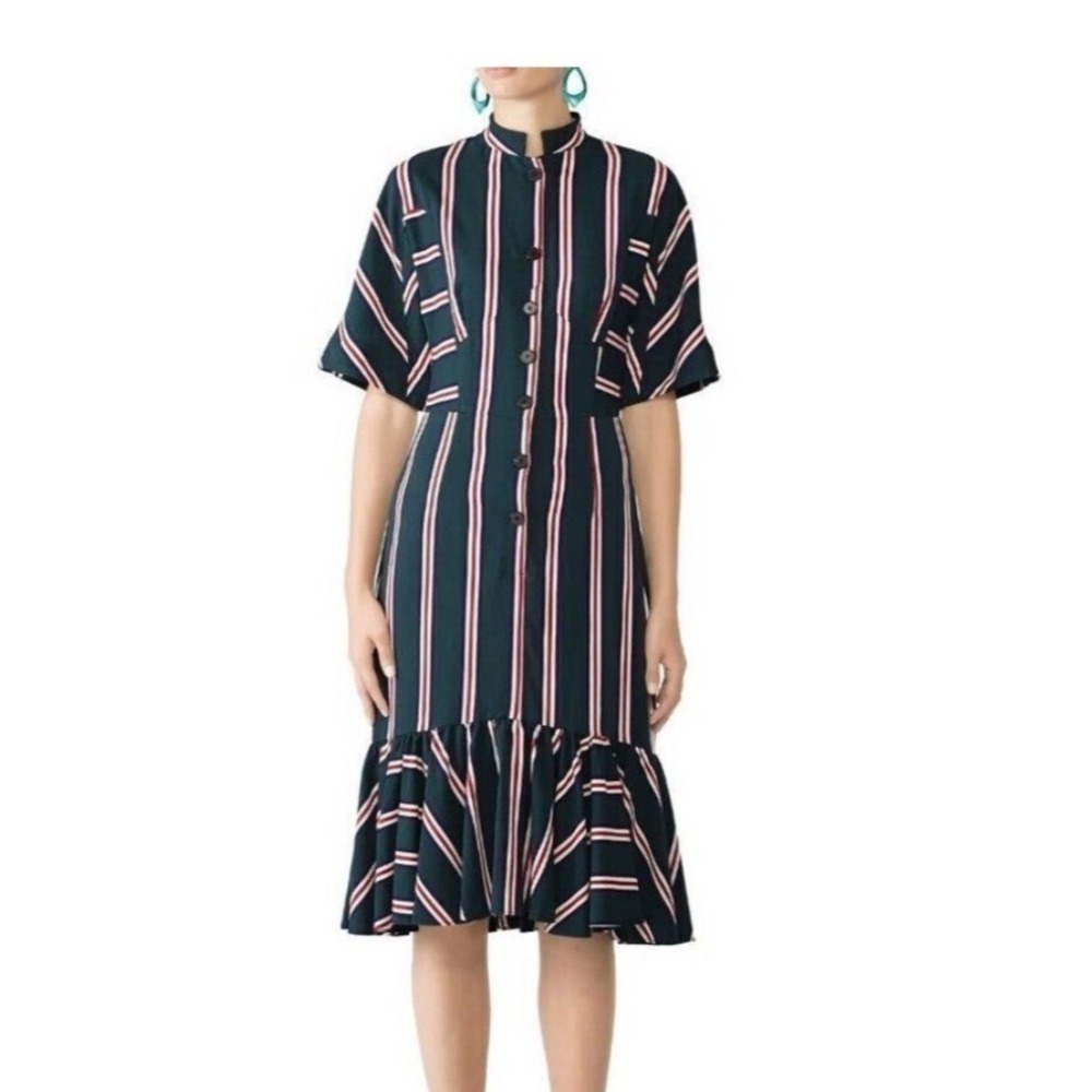 TOME Dark Green Striped Ruffle Hem Button Down Midi Dress Size 4